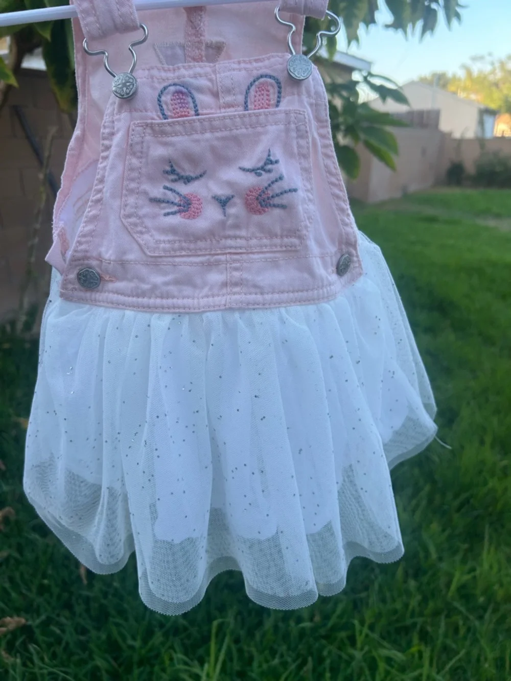 OshKosh B'gosh Pink & White Tulle Overall Dress with Bunny Embroidery